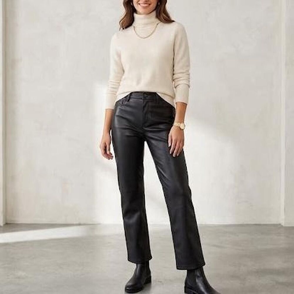 Ann Taylor Straight Leg Black Leather trousers Work Business Pant- size 0 - NWOT